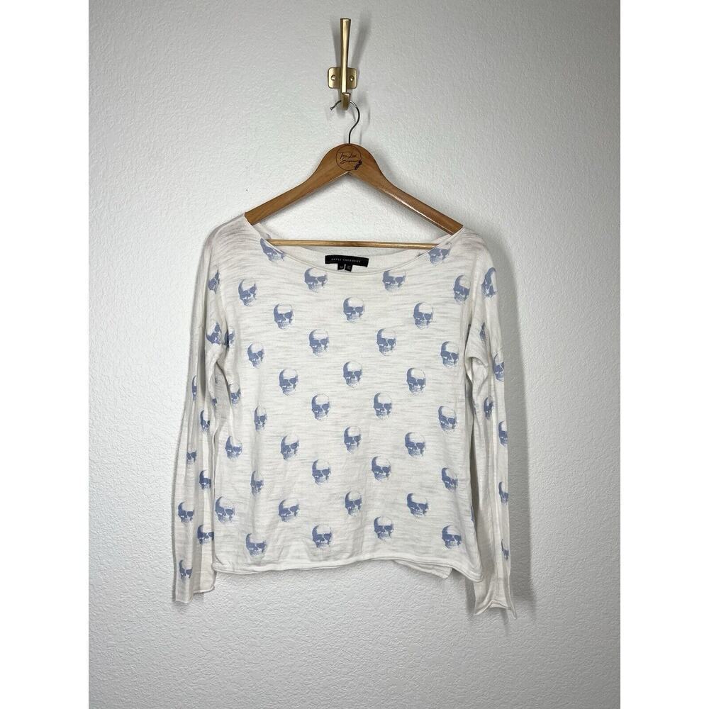 Skull Cashmere Cotton Slub Knit Top XS Blue Skulls